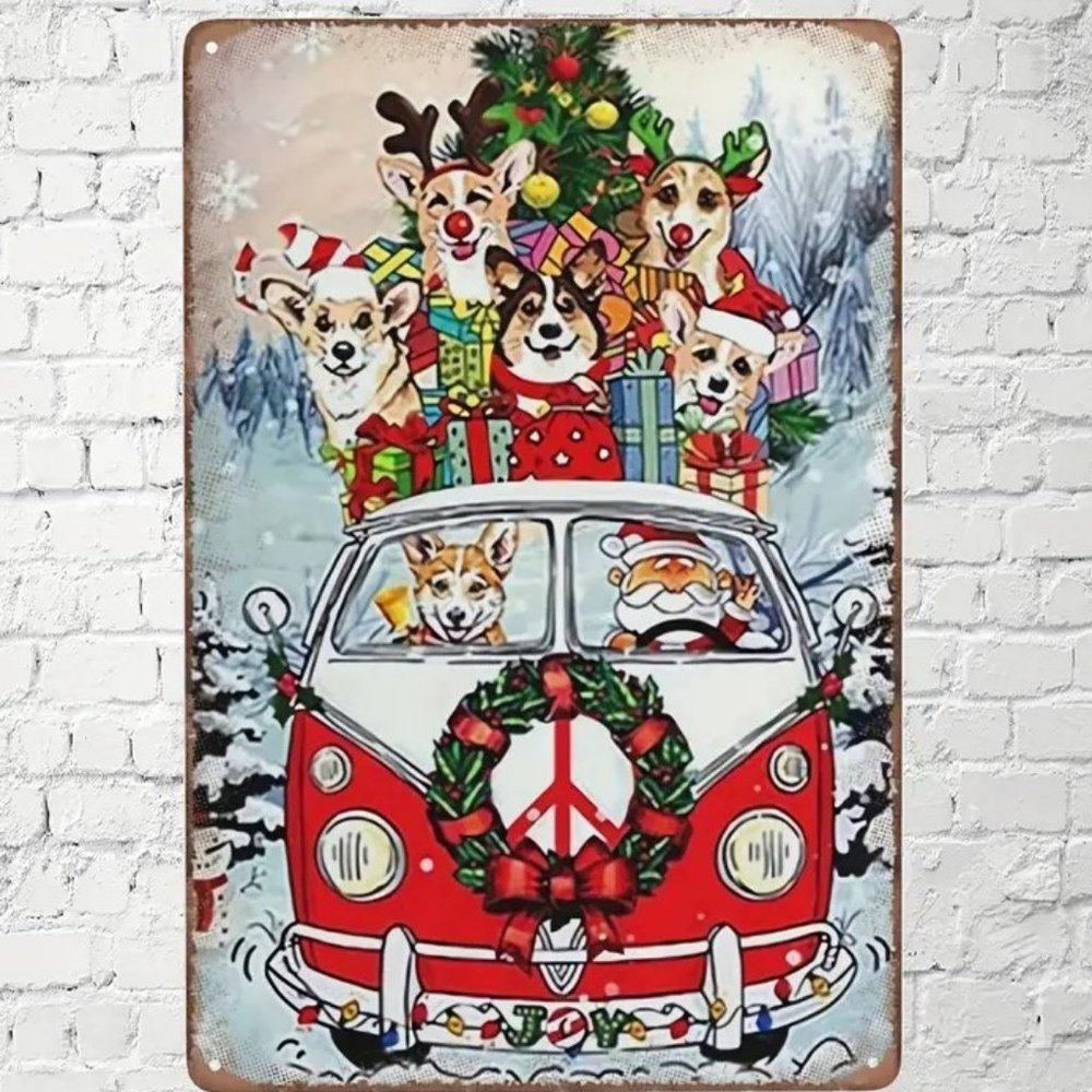 Metal Sign Vintage Shabby Chic Look Christmas Santa Animals in VW Bus, Hippie